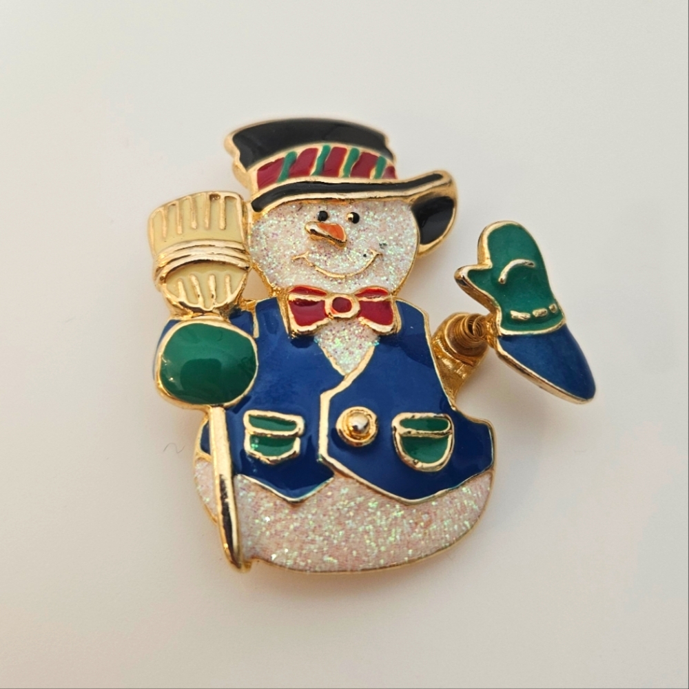 Snowman brooch/ pin sparkly, moving hand, gold toned, signed